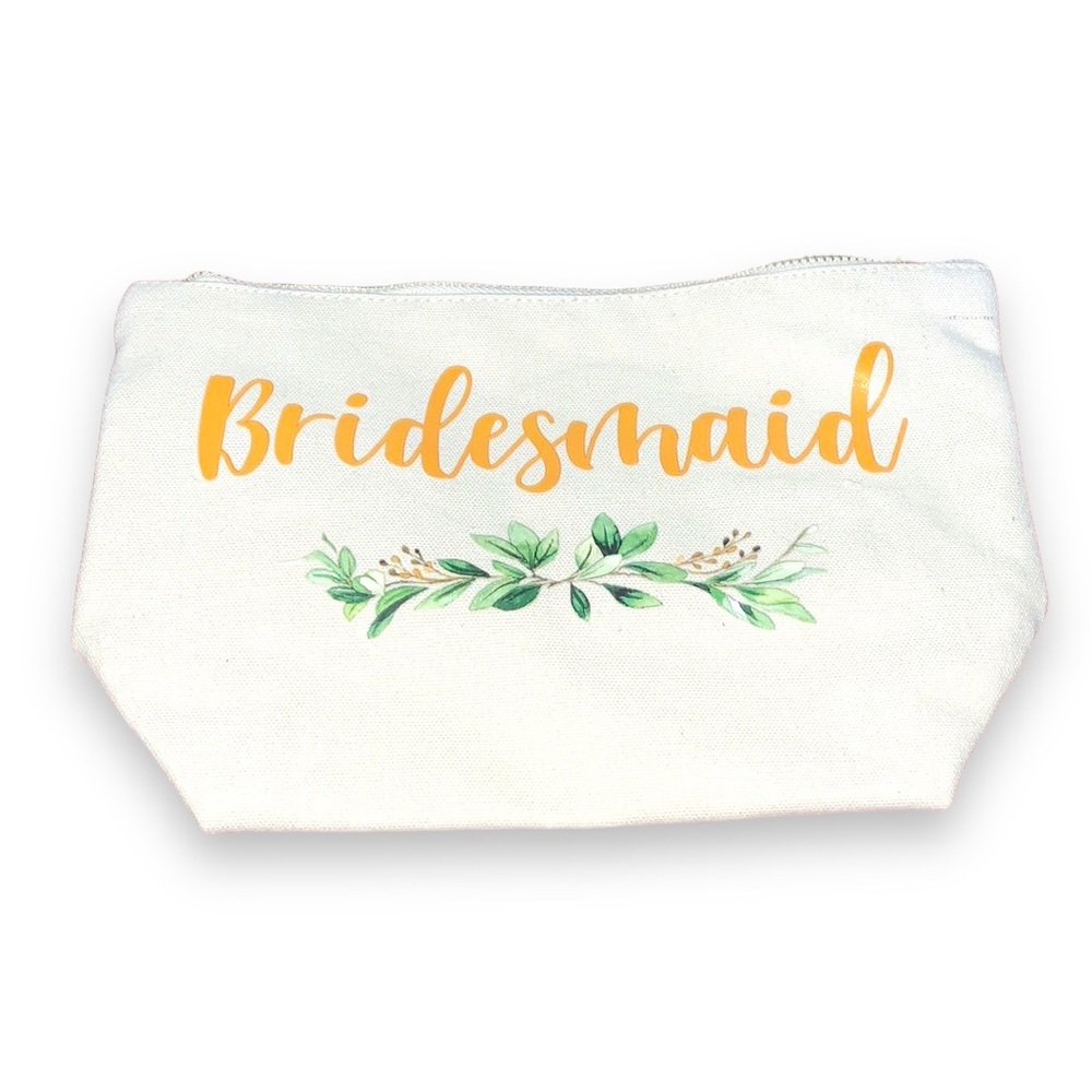 Bridesmaid Cream Makeup Bag Gold Script Wedding Party Gift Large 10.5x6.5